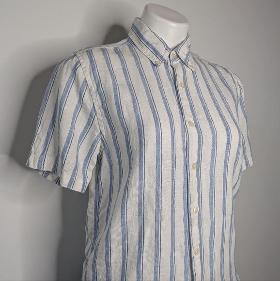 Abercrombie & Fitch Blue White Striped Short Sleeve Linen Button Up XS - Picture 3 of 6